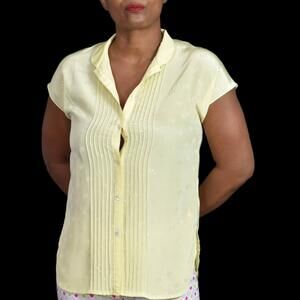 Vintage Hanae Mori Blouse Yellow Signature Monogram Silky Camp Shirt Top Size XS